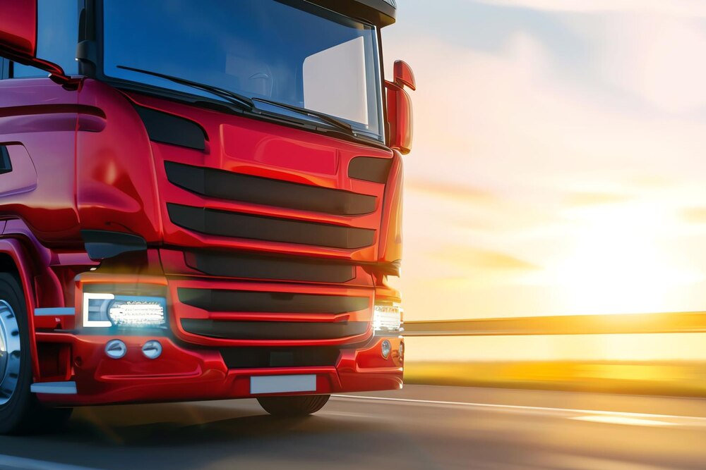 T1 form A red truck driving on an open road, surrounded by a scenic landscape with clear skies, symbolising efficient transport and logistics services.